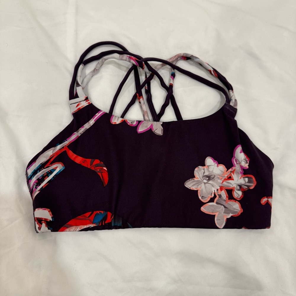Athleta Floral Strappy Sports Bra Small S Purple High Neck Yoga Gym Workout